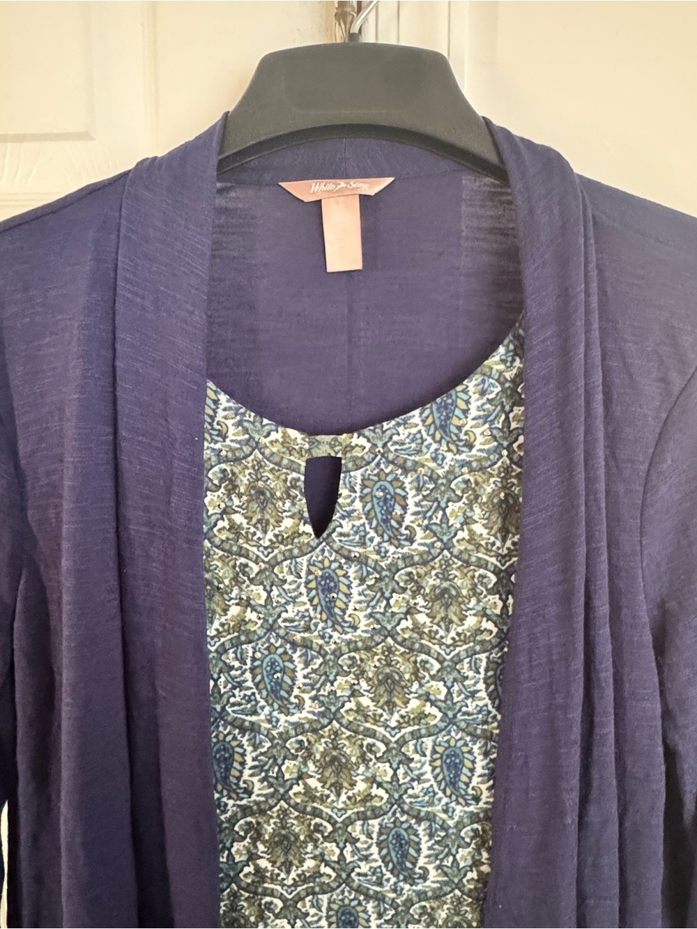 White Stag Women’s L Mock Layer Cardigan Navy Blue Paisley Print 2-in-1 Top NWOT - Picture 6 of 11